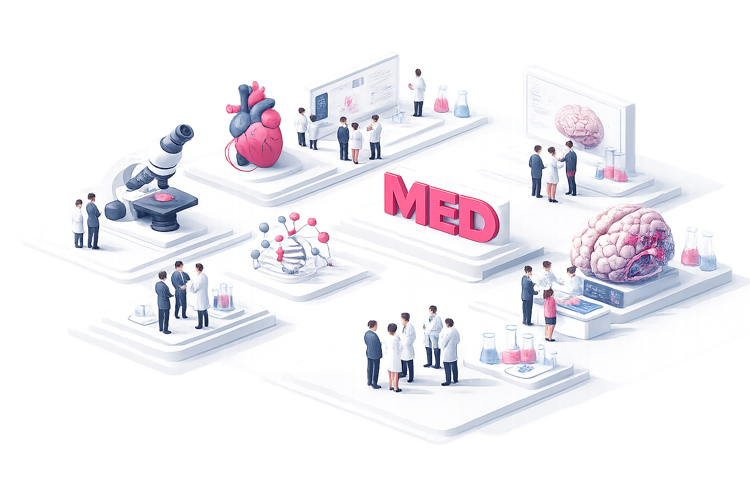 An isometric festival scene with a microscope, anatomical heart, brain, DNA model and groups of people exploring medicine — with bold MED lettering at the centre